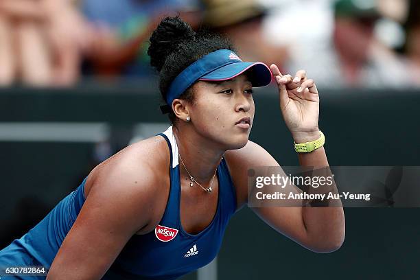 Naomi Osaka of Japan looks on in her match against Annika Beck of Germany on day one of the ASB Classic on January 2, 2017 in Auckland, New Zealand.