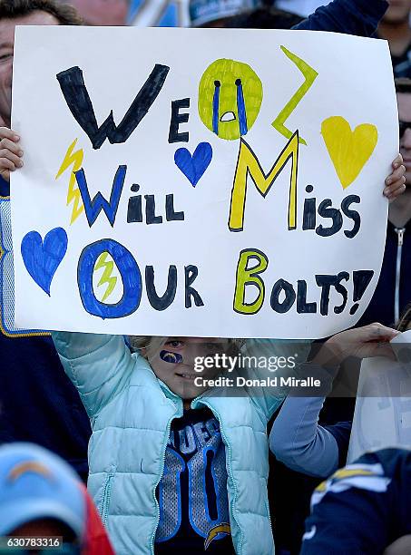 Fan of the San Diego Chargers holds a sign en route to the Charger's 37-27 loss to the Kansas City Chiefs during their NFL game at Qualcomm Stadium...