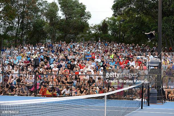 Large crowds are seen to watch Rafael Nadal train on day two of the 2017 Brisbane International at Pat Rafter Arena on January 2, 2017 in Brisbane,...