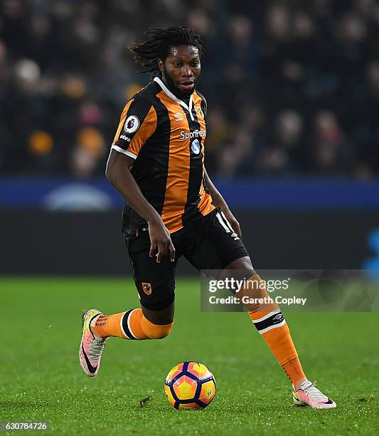 Dieumerci Mbokani of Hull City during the Premier League match between Hull City and Everton at KC Stadium on December 30, 2016 in Hull, England.