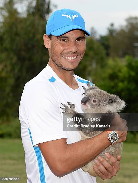 Rafael Nadal of Spain holds a Koala on day two of the 2017 Brisbane International at Pat Rafter Arena on January 2, 2017 in Brisbane, Australia.