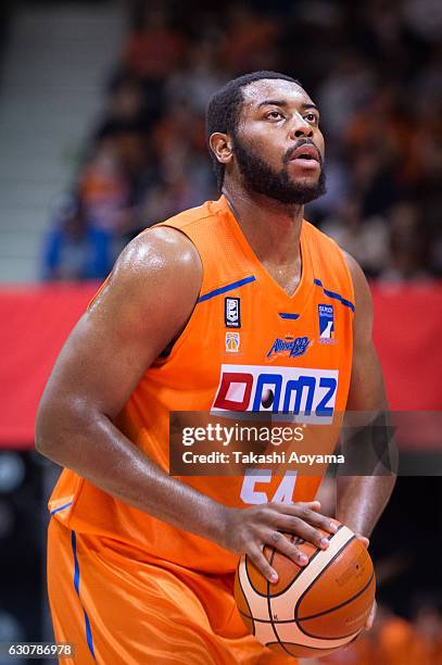 Davante Gardner of the Niigata Albirex BB shoots a free throw during the B. League game between Alvark Tokyo and Niigata Albirex BB at Yoyogi...