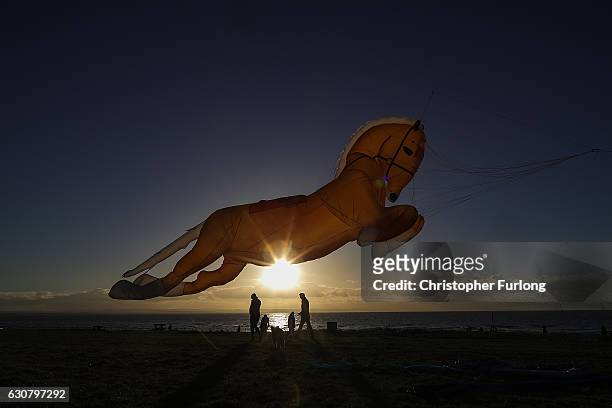 Horse shaped kite named Goldey takes to the sky as enthusiasts from the Northern Kite Group take advantage of the good weather to fly their kites at...
