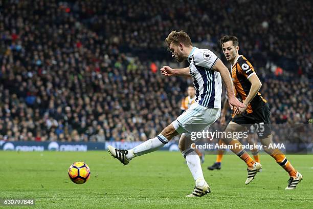 James Morrison of West Bromwich Albion scores a goal to make it 3-1 during the Premier League match between West Bromwich Albion and Hull City at The...