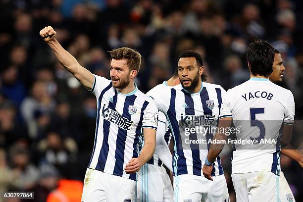 James Morrison of West Bromwich Albion celebrates after scoring a goal to make it 3-1 during the Premier League match between West Bromwich Albion...