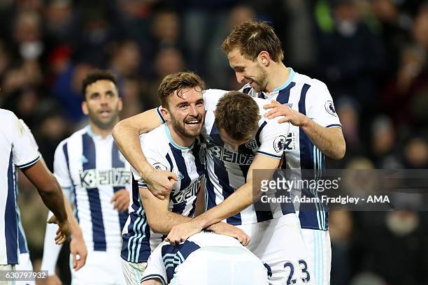 James Morrison of West Bromwich Albion celebrates after scoring a goal to make it 3-1 during the Premier League match between West Bromwich Albion...