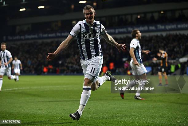 Chris Brunt of West Bromwich Albion celebrates scoring his sides first goal during the Premier League match between West Bromwich Albion and Hull...