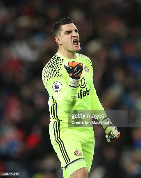 Vito Mannone of Sunderland celebrates as his team draw level for the second time during the Premier League match between Sunderland and Liverpool at...