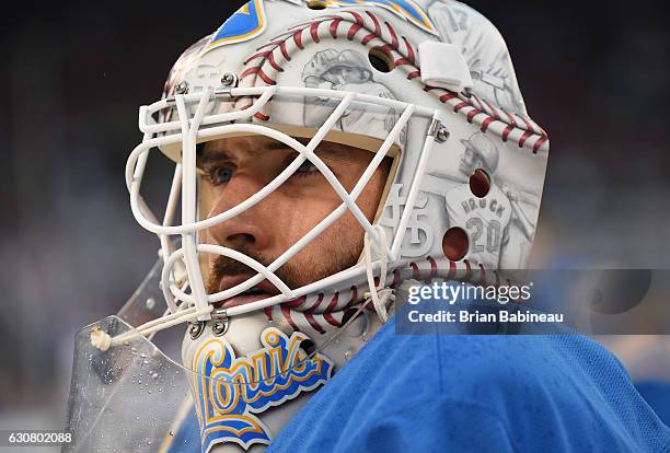 Carter Hutton of the St. Louis Blues warms up prior to the 2017 Bridgestone NHL Winter Classic against the Chicago Blackhawks at Busch Stadium on...