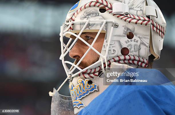 Carter Hutton of the St. Louis Blues warms up prior to the 2017 Bridgestone NHL Winter Classic against the Chicago Blackhawks at Busch Stadium on...