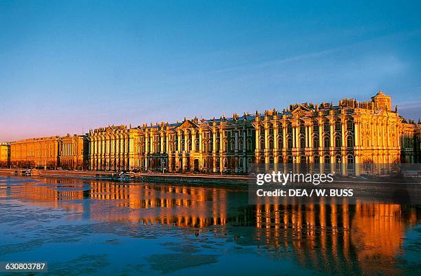 Winter Palace, 1754-1762, by Bartolomeo Francesco Rastrelli , now the Hermitage Museum, and the Neva river, Saint Petersburg . Russia, 18th century.