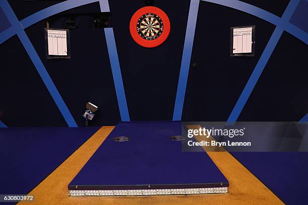 General view of the stage ahead of the final of the 2017 William Hill PDC World Darts Championships at Alexandra Palace on January 2, 2017 in London,...