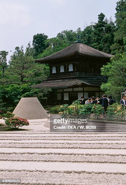 Kogetsudai or Moon-viewing platform, cone shaped structure in a dry garden near the pond, Ginkaku-ji temple or Temple of the Silver pavilion, Kyoto ,...
