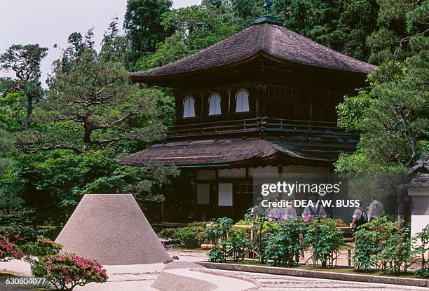 Kogetsudai or Moon-viewing platform, cone shaped structure in a dry garden near the pond, Ginkaku-ji temple or Temple of the Silver pavilion, Kyoto ,...