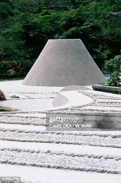 Kogetsudai or Moon-viewing platform, cone shaped structure in a dry garden near the pond, Ginkaku-ji temple or Temple of the Silver pavilion, Kyoto ,...