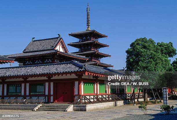 One of the pavilions of the temple and five-storied pagoda, Shitenno-ji temple, Osaka, Kansai. Japan, 6th-7th century.