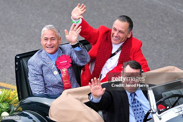 Grand Marshal Greg Louganis and partner Johnny Chaillot appear in the 128th Tournament Of Roses Parade on January 2, 2017 in Pasadena, California.