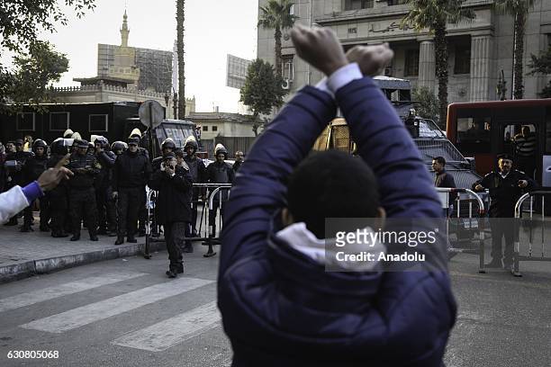 Protester gestures during a protest held against agreement, which ensure to hand over Tiran and Sanafir islands to Saudi Arabia, in front of the...