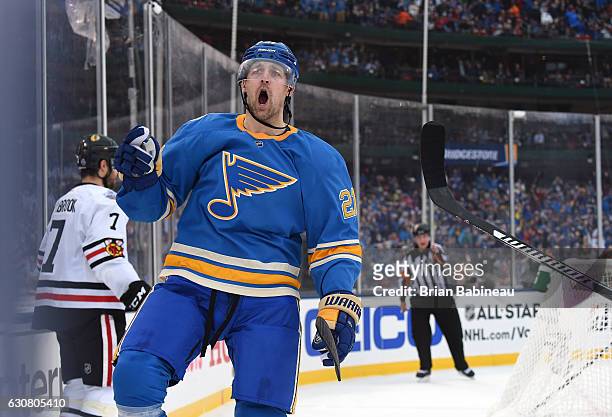 Patrik Berglund of the St. Louis Blues celebrates after scoring in the second period against the Chicago Blackhawks during the 2017 Bridgestone NHL...