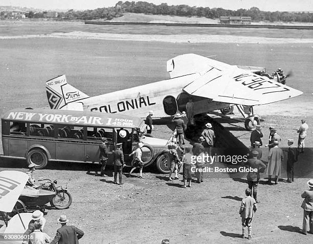 In April of 1927, Colonial Air Transport began passenger service between Boston and New York, as seen here at General Edward Lawrence Logan Airport...