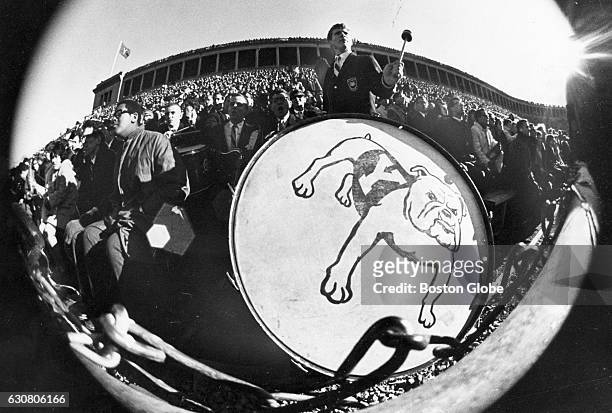 Yale's bulldog mascot on a drum, seen through a fish-eye lens during the football game between Yale University and Harvard University at Harvard...