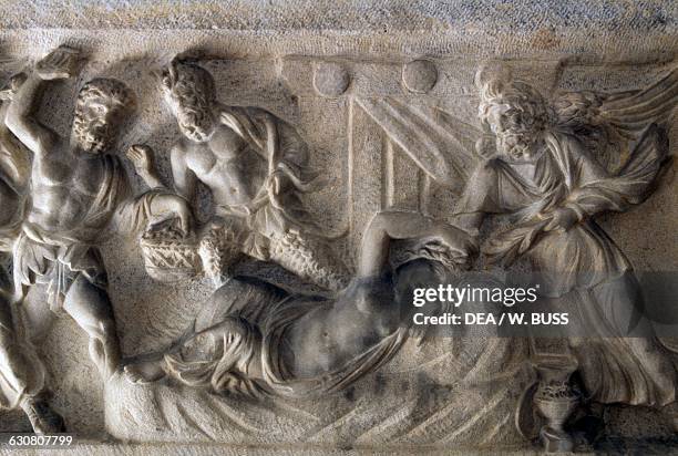 Arianna asleep protected by Hypnos, god of sleep, detail of a marble sarcophagus with a relief depicting the life of Ariadne at Naxos, from...