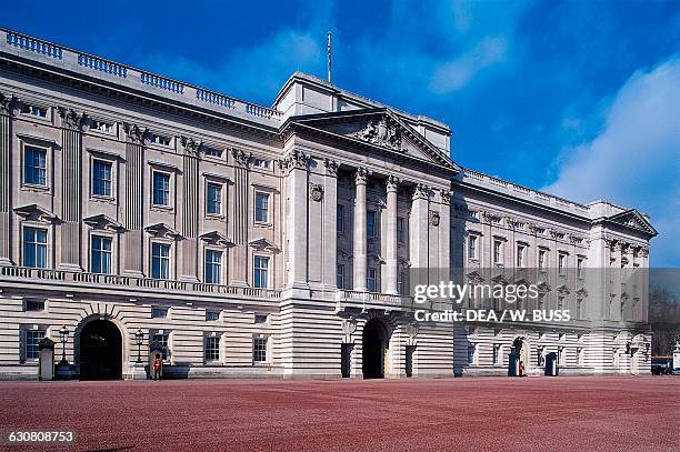 Facade of Buckingham Palace, London residence of the reigning monarch of the United Kingdom, London, England, United Kingdom.