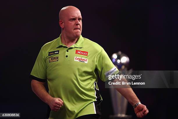 Michael van Gerwen of The Netherlands reacts during the final of the 2017 William Hill PDC World Darts Championships at Alexandra Palace on January...