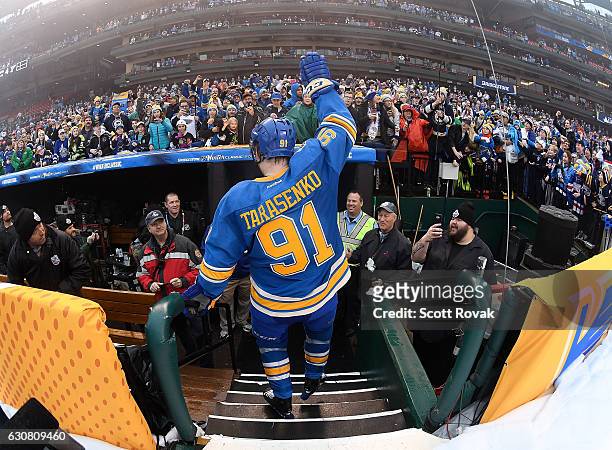 Vladimir Tarasenko of the St. Louis Blues salutes fans after beating the Chicago Blackhawks 4-1 during the 2017 Bridgestone NHL Winter Classic at...