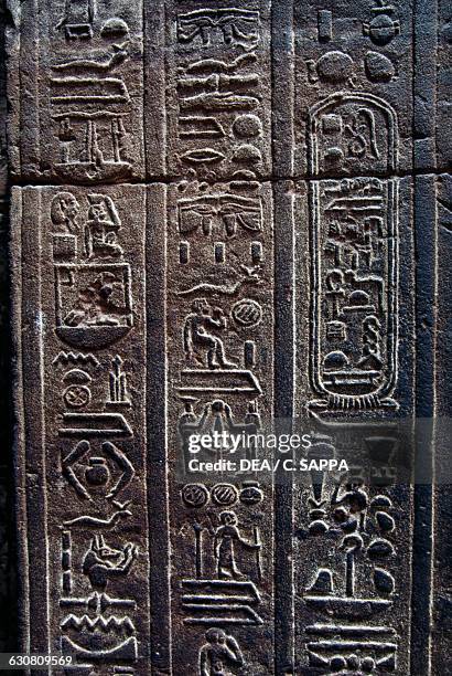Hieroglyphs with cartouche of Ptolemy IX Soter, Temple of Horus, Edfu, Egypt. Egyptian civilisation.