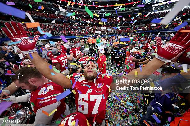 Alec James of the Wisconsin Badgers celebrates after the Wisconsin Badgers beat the Western Michigan Broncos 24-16 in the 81st Goodyear Cotton Bowl...