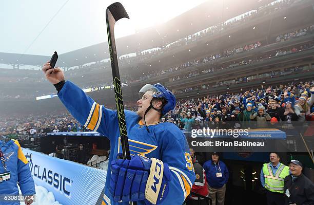 Vladimir Tarasenko of the St. Louis Blues takes a selfie photo after the 2017 Bridgestone NHL Winter Classic at Busch Stadium on January 2, 2017 in...