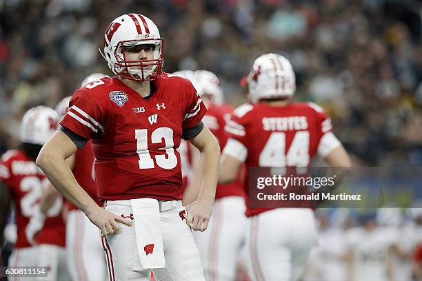 Bart Houston of the Wisconsin Badgers looks on during the 81st Goodyear Cotton Bowl Classic between Western Michigan and Wisconsin at AT&T Stadium on...