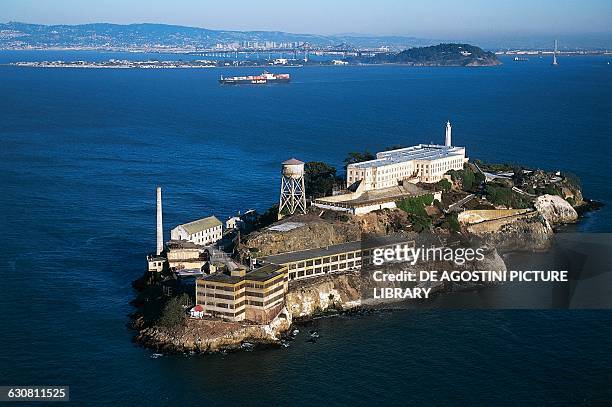 Aerial view of Alcatraz Island with The Rock, maximum security federal penitentiary from 1934 to 1963, San Francisco Bay, California, United States...