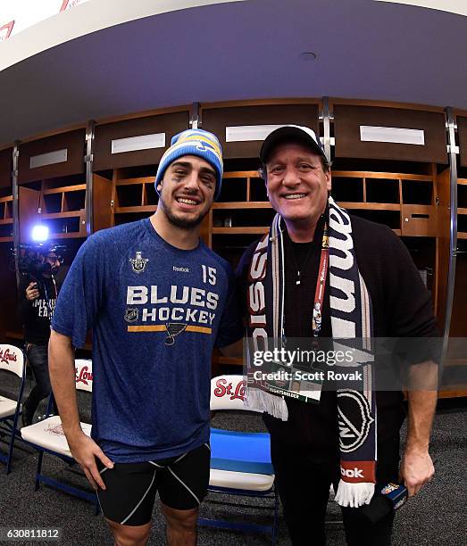 Robby Fabbri of the St. Louis Blues and Jeremy Roenick pose for a picture after the St. Louis Blues beat the Chicago Blackhawks 4-1 during the 2017...