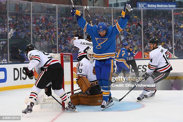 Jori Lehtera of the St. Louis Blues celebrates after the Blues scoried a goal against the Chicago Blackhawks during the 2017 Bridgestone NHL Winter...