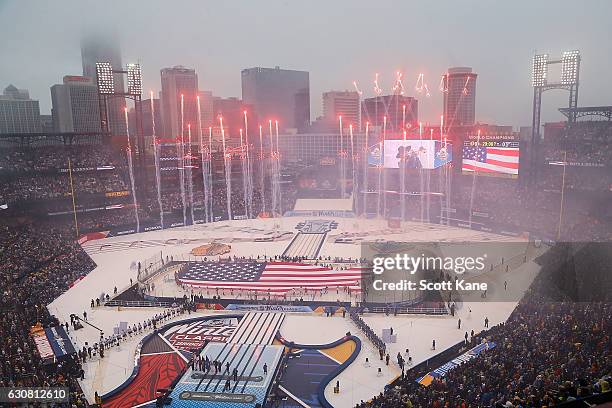 General view during the National Anthem prior to the start of the 2017 Bridgestone NHL Winter Classic between the St. Louis Blues and the Chicago...