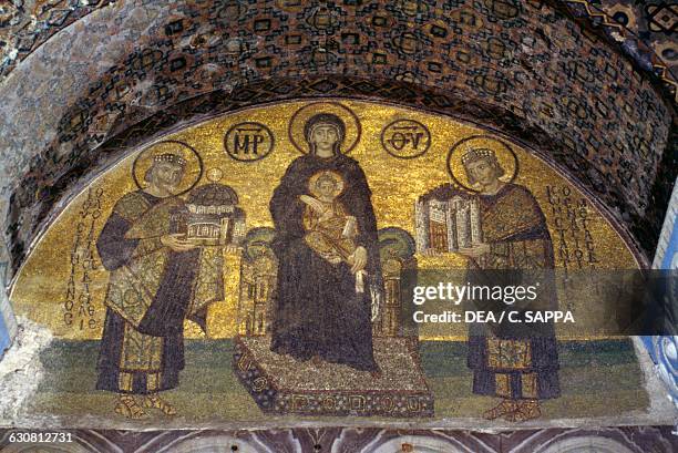 Mosaic depicting the Virgin and Child, the Emperors Constantine and Justinian offering models of Constantinople and Hagia Sophia, 10th century,...