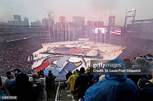 St. Louis Blues fans watch the opening ceremonies from Section 354 on Monday, Jan. 2, 2017 in Busch Stadium before the start of the NHL Winter...
