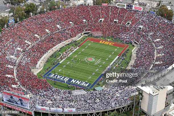 An aerial view of the 2017 Rose Bowl Game presented by Northwestern Mutual between the USC Trojans and the Penn State Nittany Lions at the Rose Bowl...