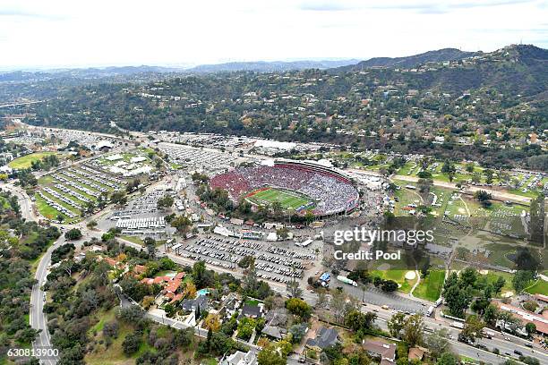 An aerial view of the 2017 Rose Bowl Game presented by Northwestern Mutual between the USC Trojans and the Penn State Nittany Lions at the Rose Bowl...