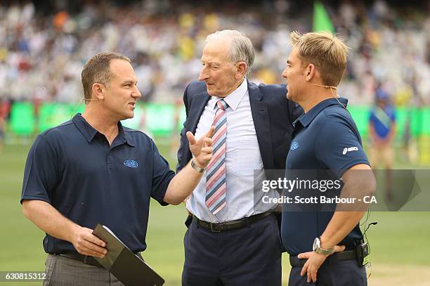 Channel Nine commentators Michael Slater, Bill Lawry and Shane Warne look on during day one of the Second Test match between Australia and Pakistan...