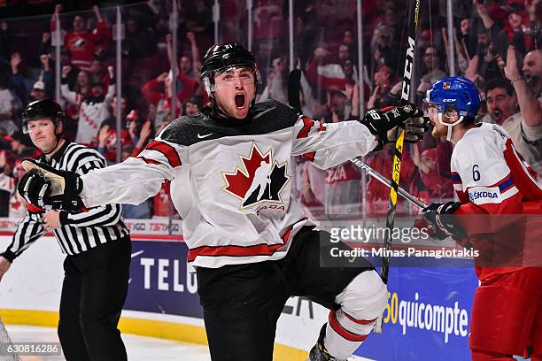 Blake Speers of Team Canada celebrates his goal in the second period during the 2017 IIHF World Junior Championship quarterfinal game against Team...