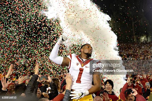 Wide receiver Darreus Rogers of the USC Trojans celebrates after defeating the Penn State Nittany Lions 52-49 to win the 2017 Rose Bowl Game...