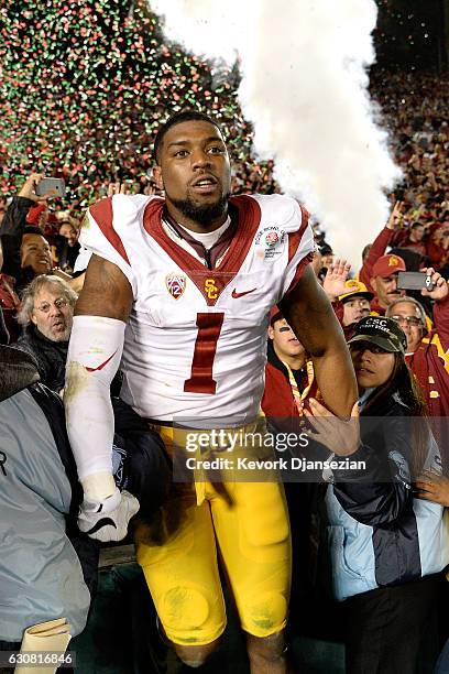 Wide receiver Darreus Rogers of the USC Trojans celebrates after defeating the Penn State Nittany Lions 52-49 to win the 2017 Rose Bowl Game...