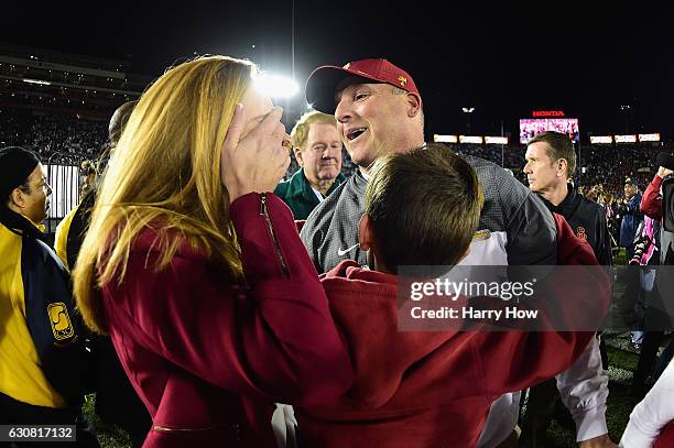 Trojans head coach Clay Helton reacts after defeating the Penn State Nittany Lions 52-49 to win the 2017 Rose Bowl Game presented by Northwestern...