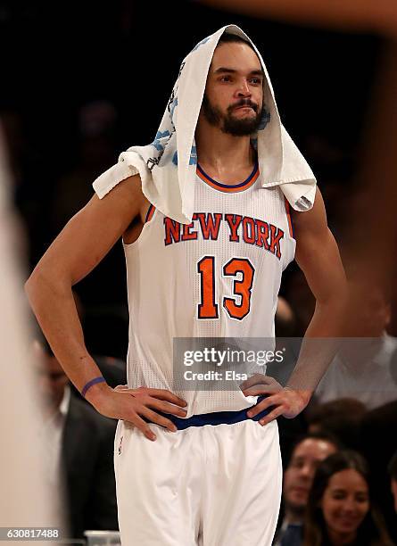 Joakim Noah of the New York Knicks walks off the court after the game against the Orlando Magic at Madison Square Garden on January 2, 2017 in New...