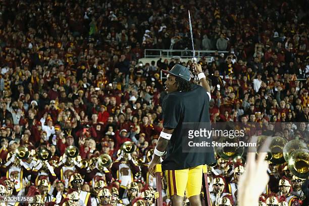 Defensive back Adoree' Jackson of the USC Trojans celebrates after defeating the Penn State Nittany Lions 52-49 to win the 2017 Rose Bowl Game...