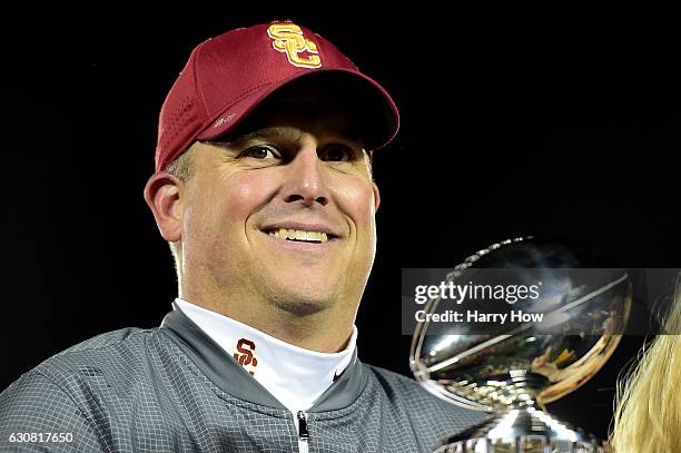 Trojans head coach Clay Helton holds the 2017 Rose Bowl trophy after defeating the Penn State Nittany Lions 52-49 to win the 2017 Rose Bowl Game...