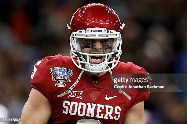Baker Mayfield of the Oklahoma Sooners reacts after a touchdown against the Auburn Tigers during the Allstate Sugar Bowl at the Mercedes-Benz...